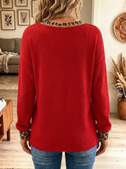 Women Casual Leopard Bow Holiday Ornament Graphic Waffle Sweatshirt