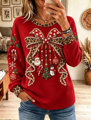 Women Casual Leopard Bow Holiday Ornament Graphic Waffle Sweatshirt