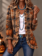 Women Casual Rustic Autumn Star And Pumpkin Plaid Ruffle Jacket
