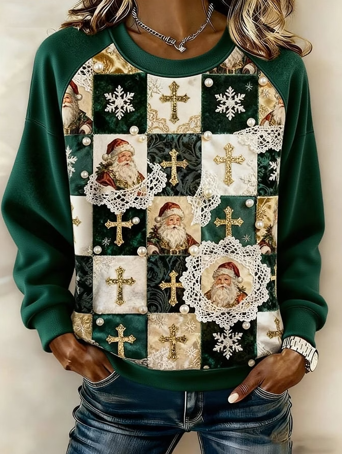 Women Casual Christmas Cross Print Long Sleeve Sweatshirt
