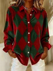 Women Vintage Christmas Contrast Plaid Long Sleeve Shirt