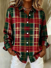 Women Casual Christmas Plaid Color Block Long Sleeve Shirt