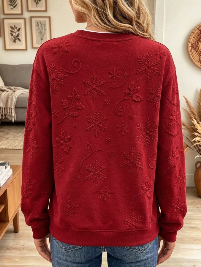 Women Christmas Tree Doll And Snowflake Embroidered Print Long Sleeve Sweatshirt