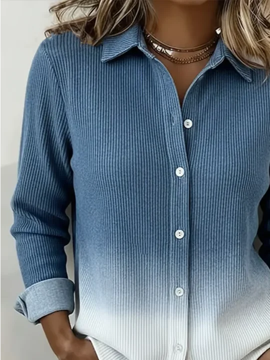 Women Ombre Casual Shirt Shirt Collar Long Sleeve Buckle Top
