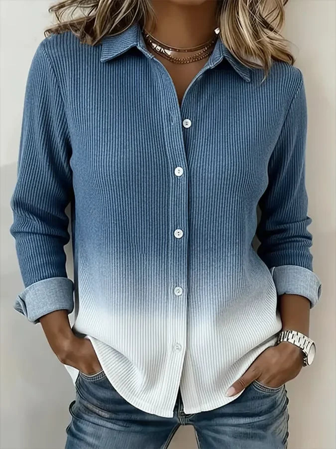 Women Ombre Casual Shirt Shirt Collar Long Sleeve Buckle Top