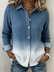 Women Ombre Casual Shirt Shirt Collar Long Sleeve Buckle Top