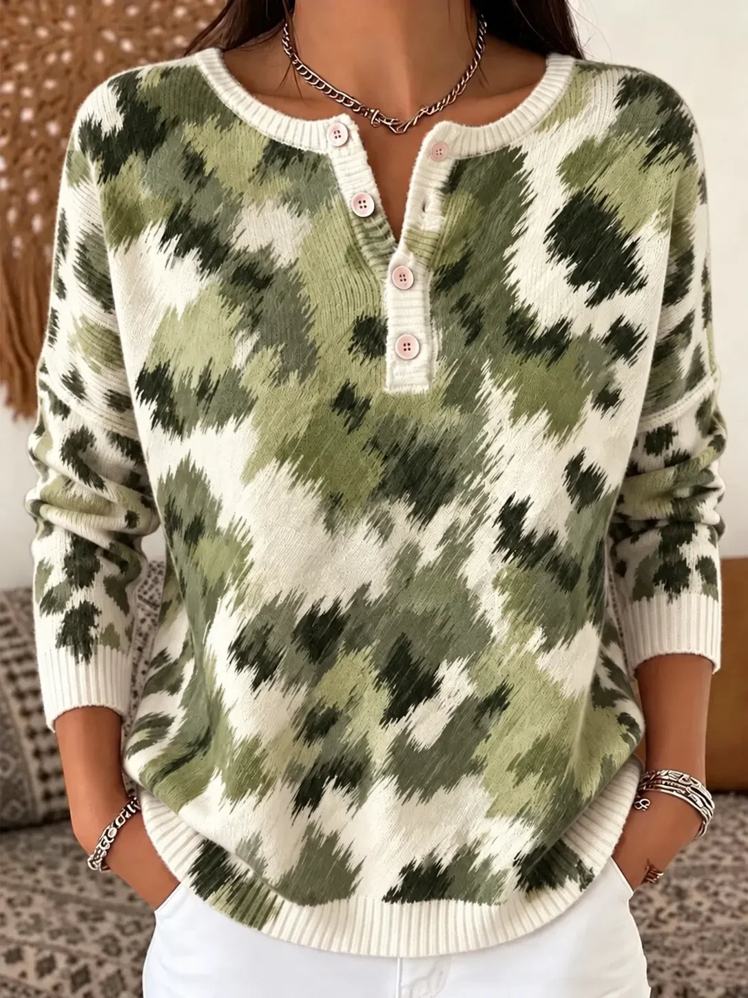 Women Cotton Abstract Long Sleeve Comfy Casual Sweater