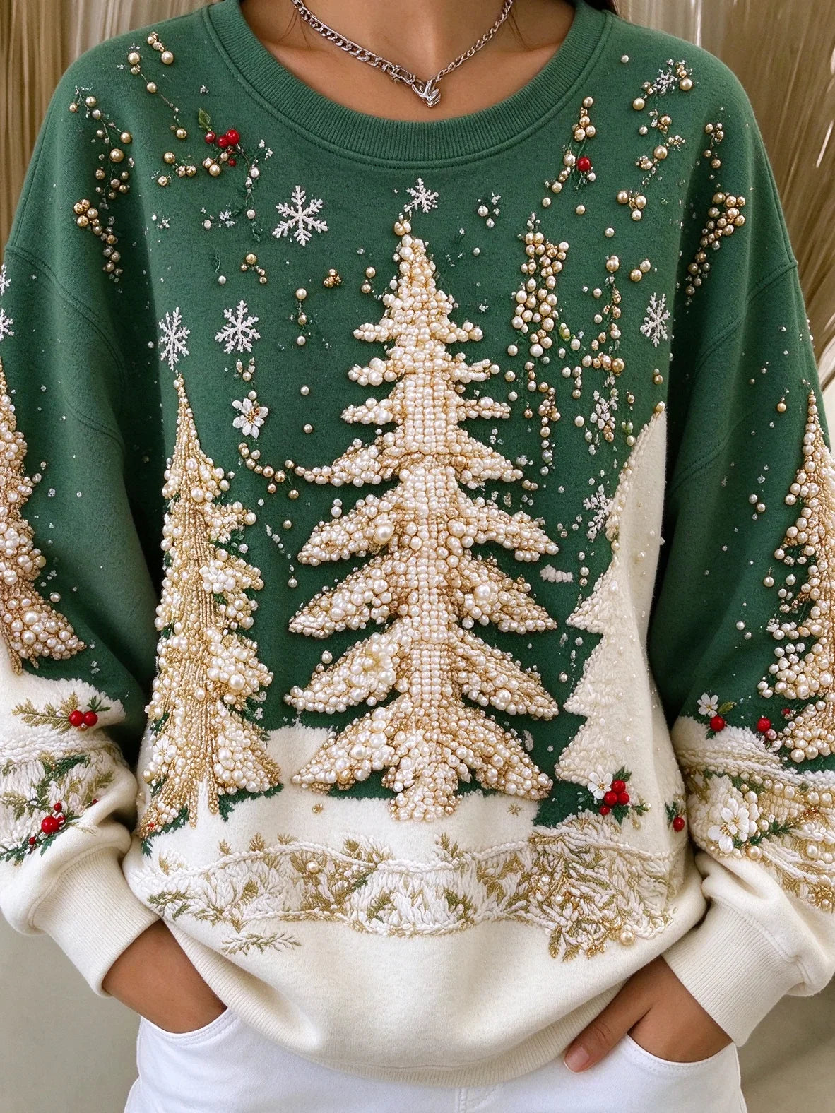 Vintage Christmas Tree Crew Neck Long Sleeve Sweatshirt