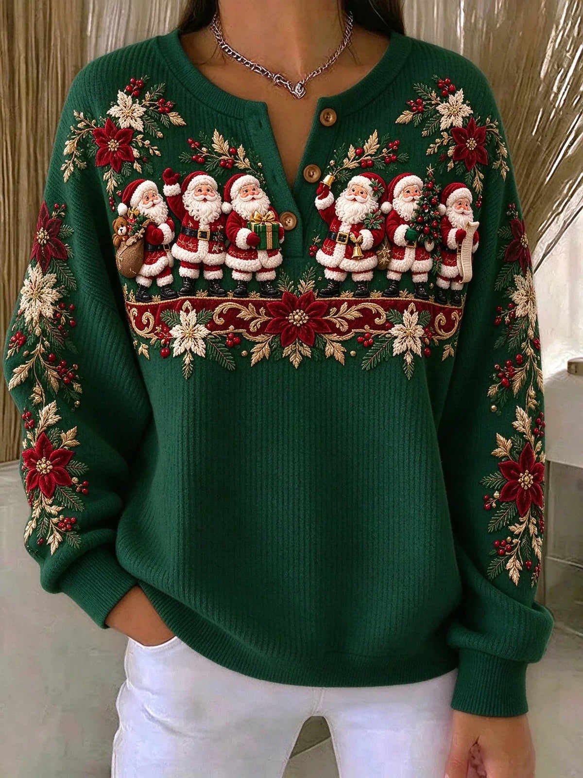 Casual Floral Henley Collar Long Sleeve Sweatshirt