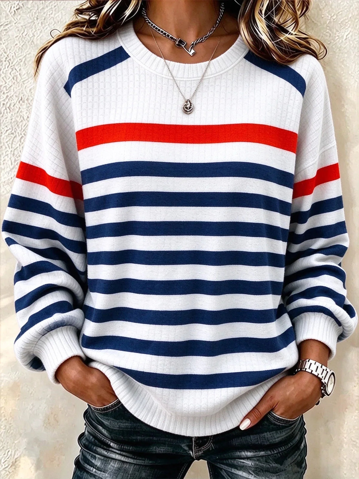 Casual Striped Crew Neck Long Sleeve Sweatshirt
