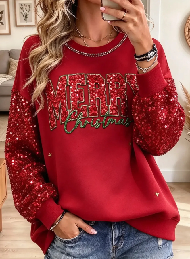 Women Sequin Merry Christmas Long Sleeve Sweatshirt