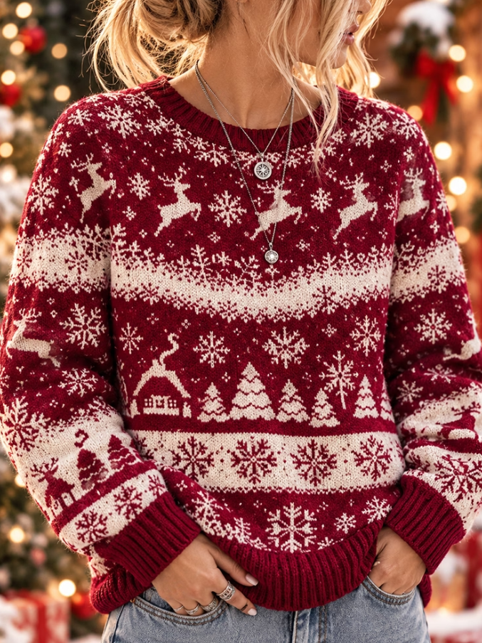 Women Casual Christmas Snowflake And Reindeer Sweater