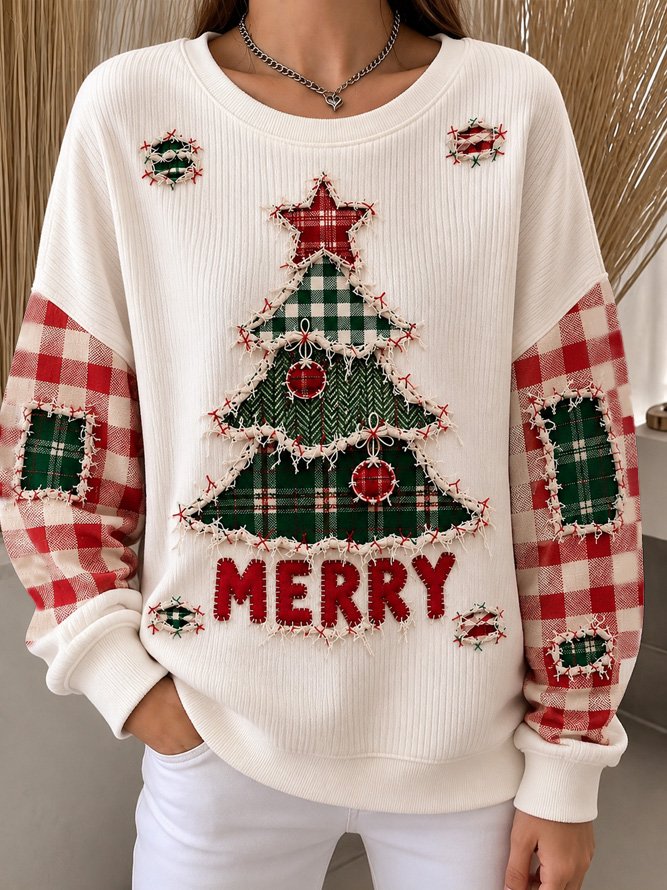 Casual Vintage Crew Neck Christmas Tree Sweatshirt