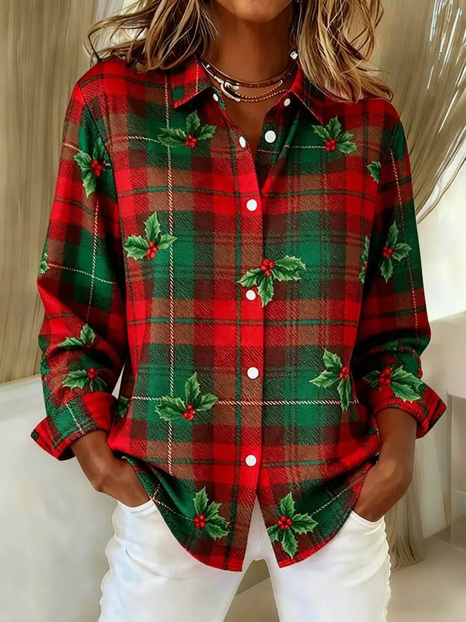 Women's Casual Vintage Christmas Plaid Shirt