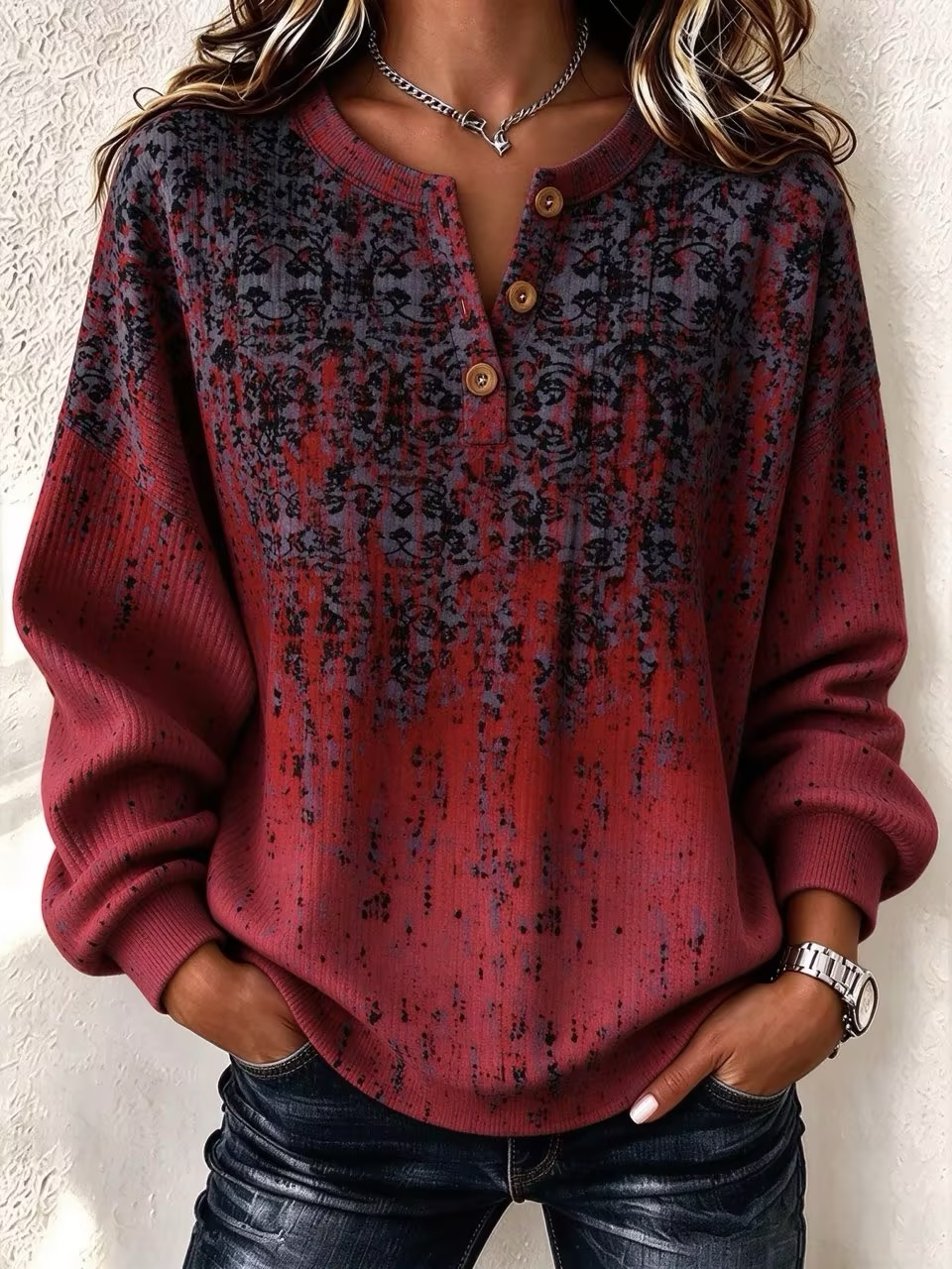 Vintage Abstract Henley Collar Long Sleeve Sweatshirt