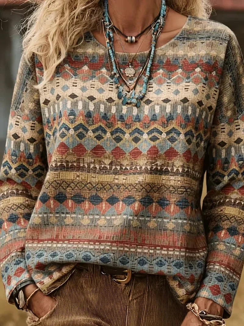 Casual Abstract Bohemian Crew Neck Long Sleeve T-shirt