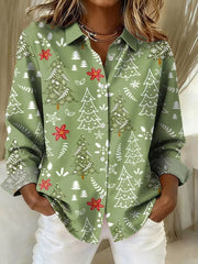 Women Art Christmas Tree Pattern Print Casual Long Sleeve Shirt