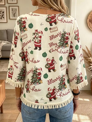 Women Vintage Santa Print Tassel Long Sleeve Blouse