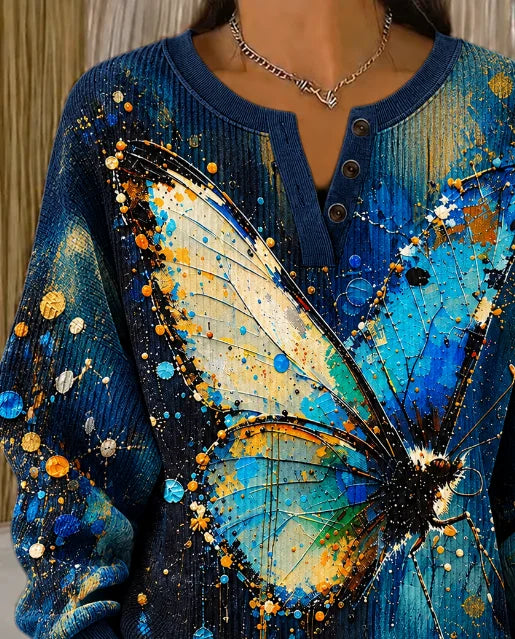 Casual Butterfly Henley Collar Long Sleeve Sweatshirt