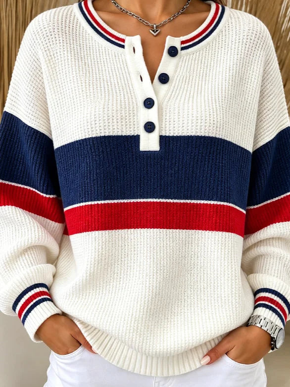 Casual Striped Color Block  Henley Collar Sporty Long Sleeve Sweatshirt