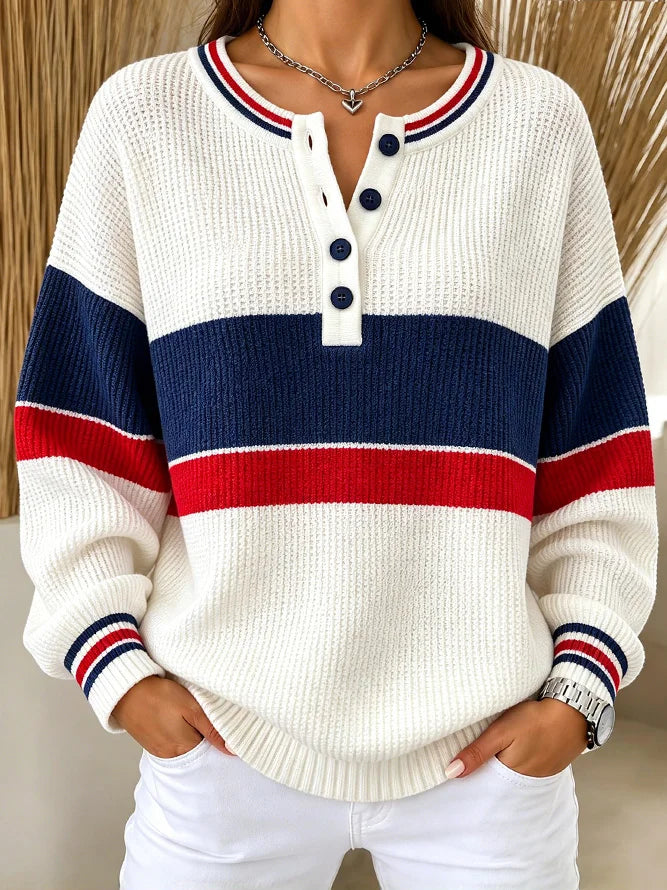 Casual Striped Color Block  Henley Collar Sporty Long Sleeve Sweatshirt
