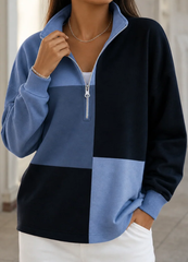 Sporty Color Block Plaid Stand Collar Zip Sweatshirt