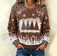 Women Leopard Print Snowflake Christmas Tree Crew Neck Sweatshirt