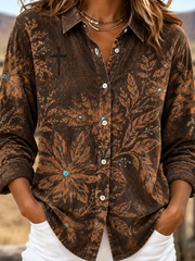 Women Floral Vintage Shirt Shirt Collar Long Sleeve Top