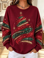 Women Vintage Christmas Tree Pattern Art Casual Stylish Long Sleeve Sweatshirt