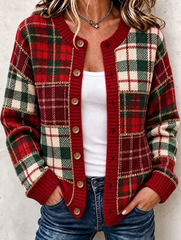 Women Vintage Patchwork Tartan Plaid Print Knit Cardigan