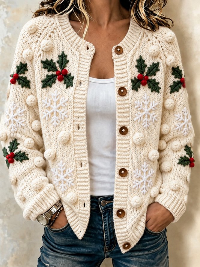 Vintage Unique Holly Snowflake Button Cardigan