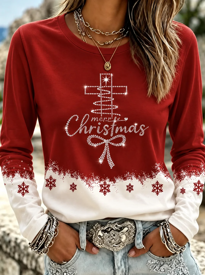 Women Christmas Sparkly Long Sleeve Tee Crew Neck Casual Spring/Fall Top