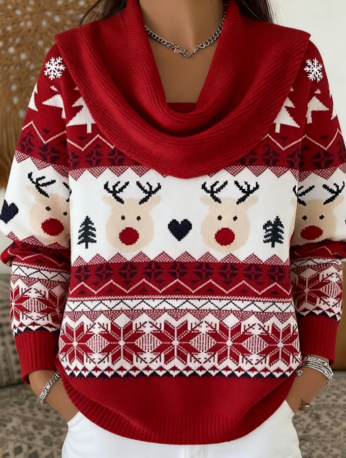 Women Elegant Christmas Ribbed Knit Cowl Neck Sweater