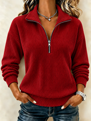 Vintage Plain Simple Half Open Collar Long Sleeve Sweatshirt