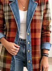 Retro Plaid Pattern Edgy Art Casual Denim Patchwork Stylish Long Sleeve Coat