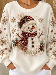 Casual Christmas Beaded Snowman Crew Neck Long Sleeve Sweatshirt