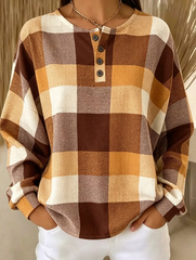 Women Plaid Henley Collar Vintage Long Sleeve Sweatshirt