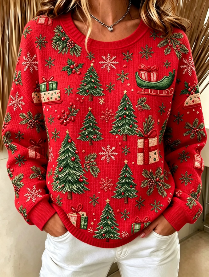 Women Christmas Print Cozy Waffle Sweatshirt