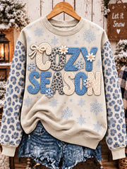 Playful Cozy Season Blue Knit Chenille Lettering Beige Sweatshirt