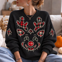 Retro Women's Christmas Reindeer Knit Jacquard Crew Neck Sweater