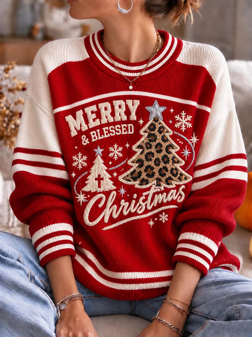 Festive Merry And Blessed Christmas Striped Leopard Tree Knit Sweater