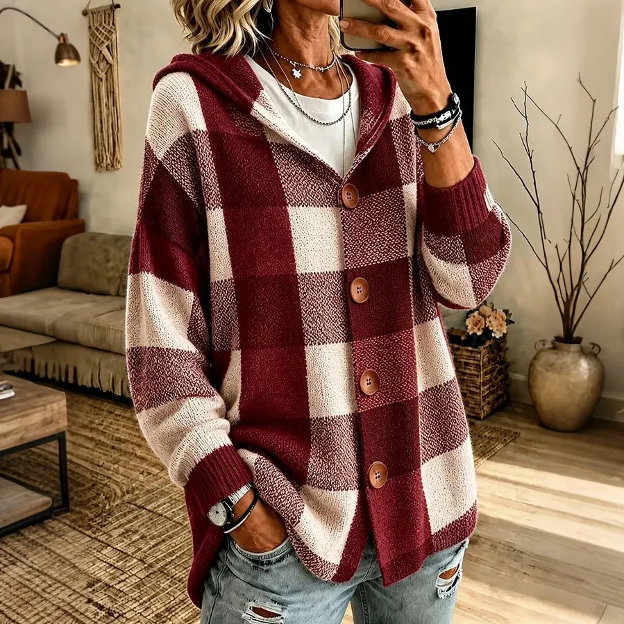 Cozy Women's Retro Plaid Hooded Knit Cardigan