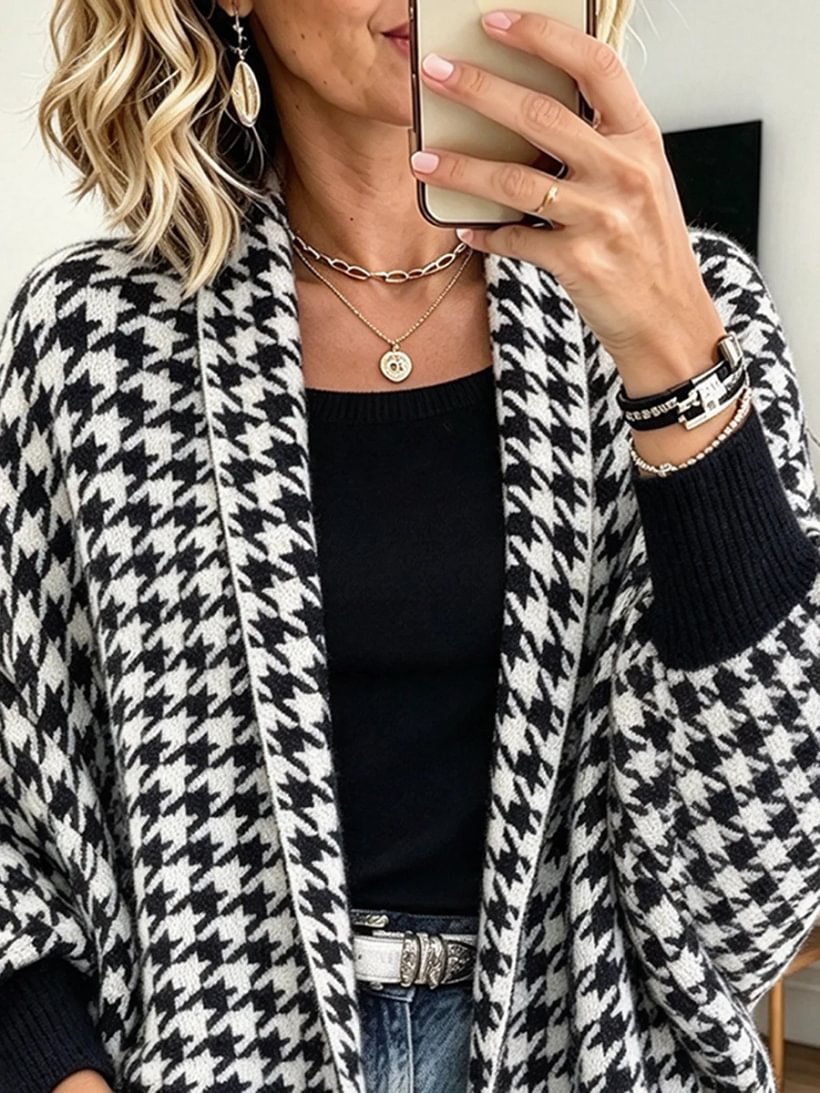 Chic Cozy Elegant Houndstooth Knitted Autumn Cardigan