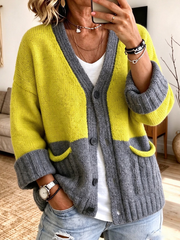Women Color Block V Neck Knit Casual Cardigan