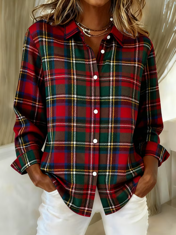 Women Vintage Christmas Plaid Stripe Long Sleeve Shirt