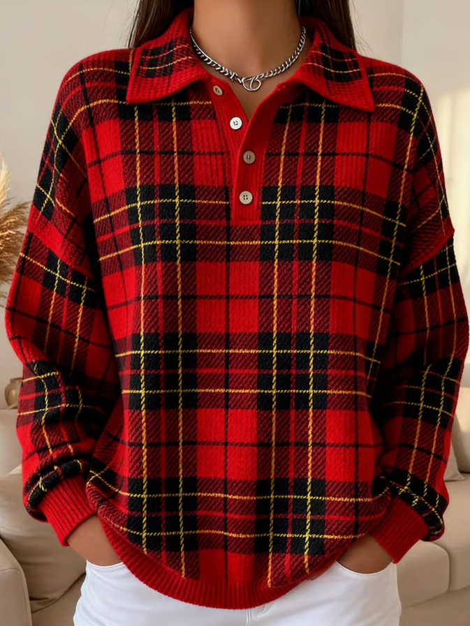Women Vintage Casual Christmas Plaid Print Sweatshirt
