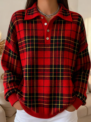 Women Vintage Casual Christmas Plaid Print Sweatshirt