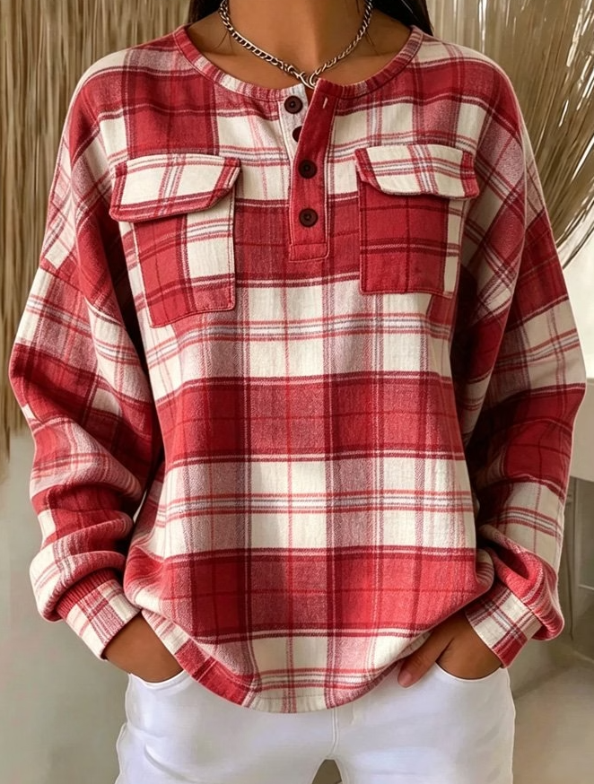 Women Plaid Henley Collar Casual Long Sleeve Sweatshirt