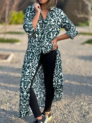 Ethnic Shirt Collar 3/4 Sleeves Comfy Maxi Dress