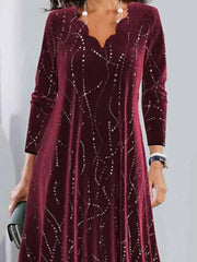 Geometric V-neck Long Sleeve Comfy Casual Buckle Maxi Dress